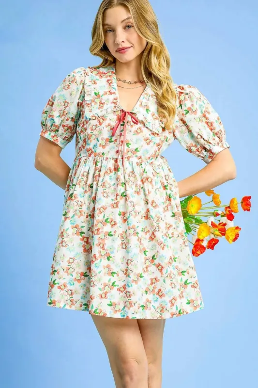 Umgee Floral Print Puff Sleeve Tie Front Mini Dress sold by Charming Charlie