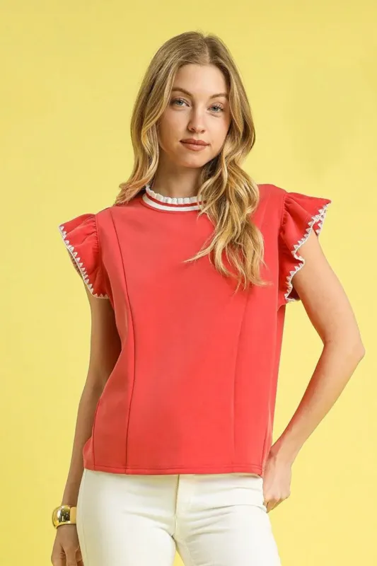 Umgee Contrast Trim Ruffle Cap Sleeve Blouse sold by Charming Charlie