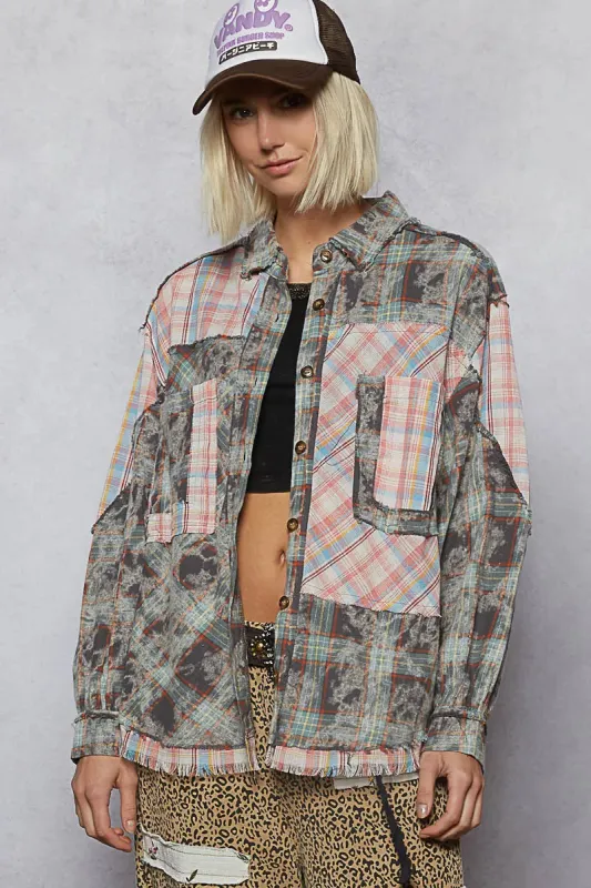 POL Plaid Patchwork Long Sleeve Shirt with Raw Edge Detail sold by Charming Charlie