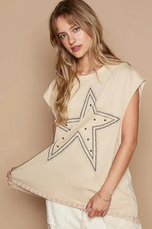 POL Star Patch Studded Sleeveless T-Shirt with Lace Hem sold by Charming Charlie