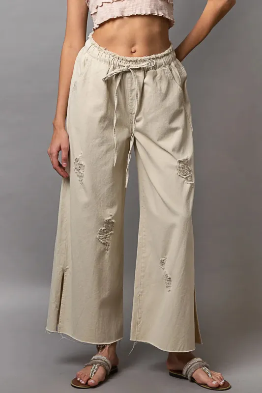POL Distressed Drawstring Slit Wide leg Pants sold by Charming Charlie