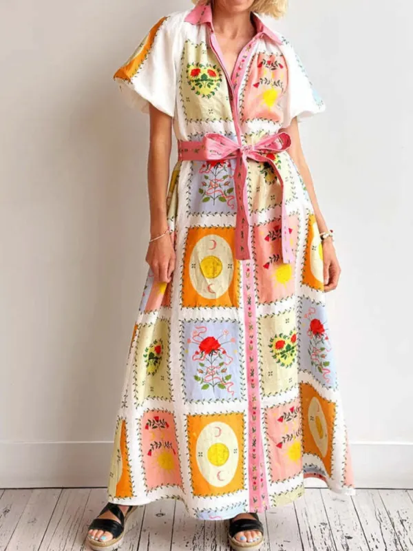 Colorful Print Tie Waist Maxi Shirt Dress sold by Charming Charlie