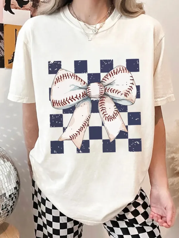 Checkered Bowknot Graphic Crew Neck T Shirt sold by Charming Charlie