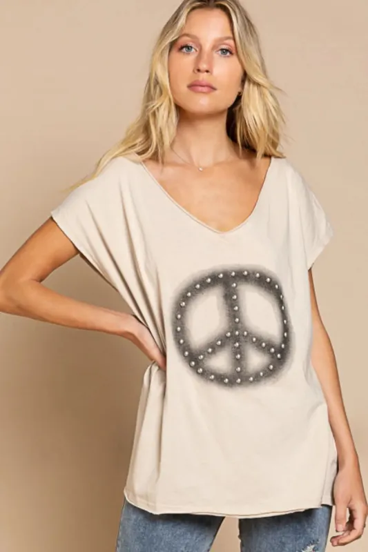 POL Peace Sign Studded V-Neck T-Shirt sold by Charming Charlie