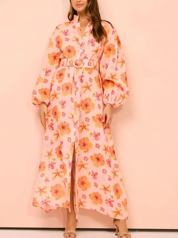 Printed Maxi Shirt Dress with Belt sold by Charming Charlie