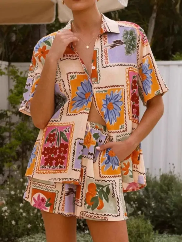 Printed Button Up Shirt and Shorts Set sold by Charming Charlie
