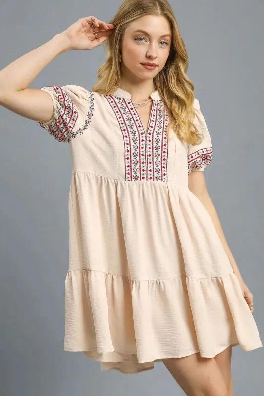 Umgee Floral Trim Puff Sleeve Mini Dress sold by Charming Charlie