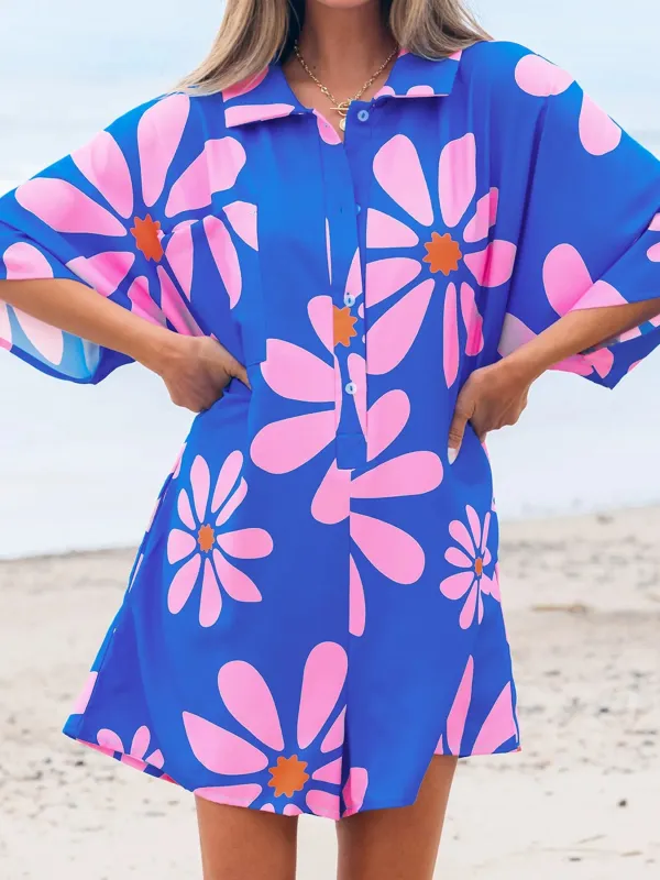 Summer Flower Print Shirt Collar Button Front Loose Romper sold by Charming Charlie