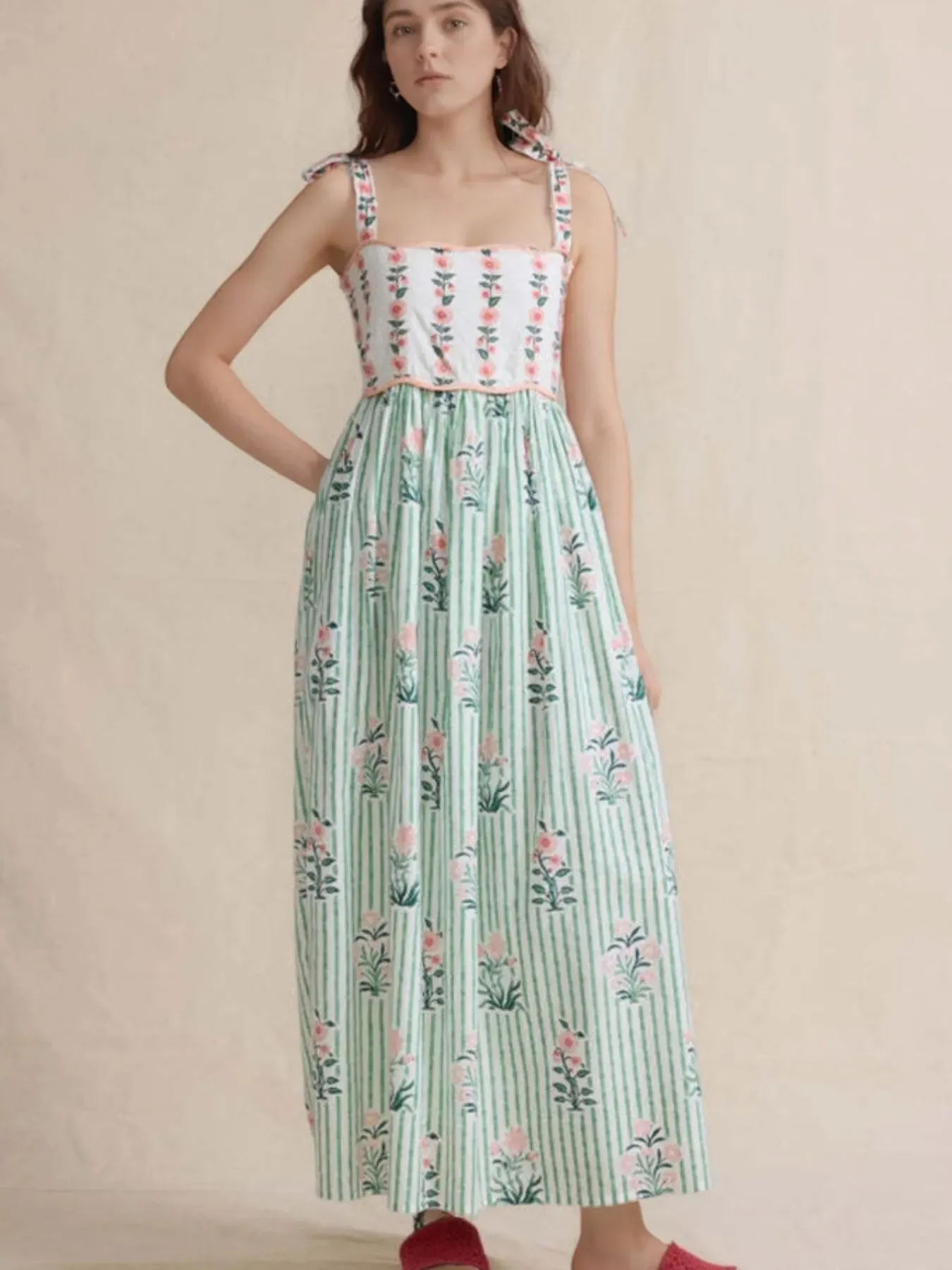 Floral Striped Maxi Cami Dress with Tie Straps sold by Charming Charlie