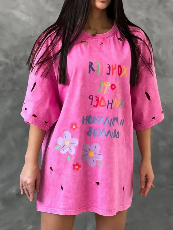 Distressed Oversized Letter Round Neck T-Shirt sold by Charming Charlie