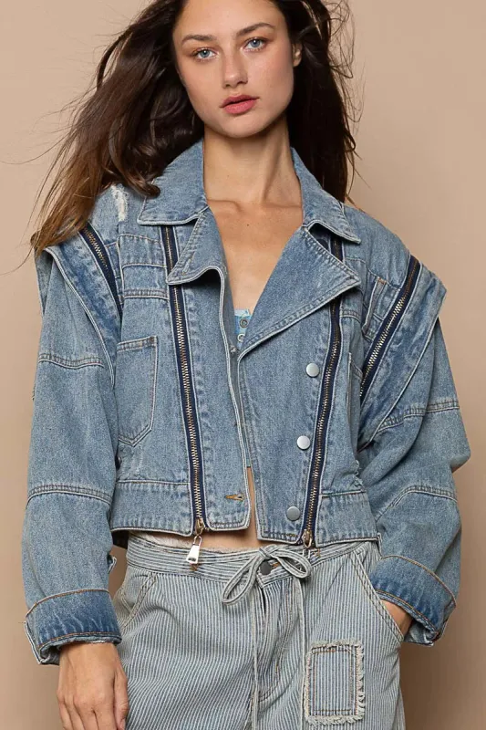 POL Cropped Denim Jacket with Functional Zipper Detail sold by Charming Charlie