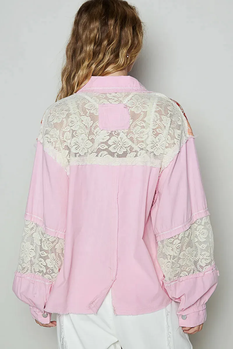 POL Printed Woven Mix Raw Hem Jacket with Lace Detail sold by Charming Charlie product image thumbnail 3