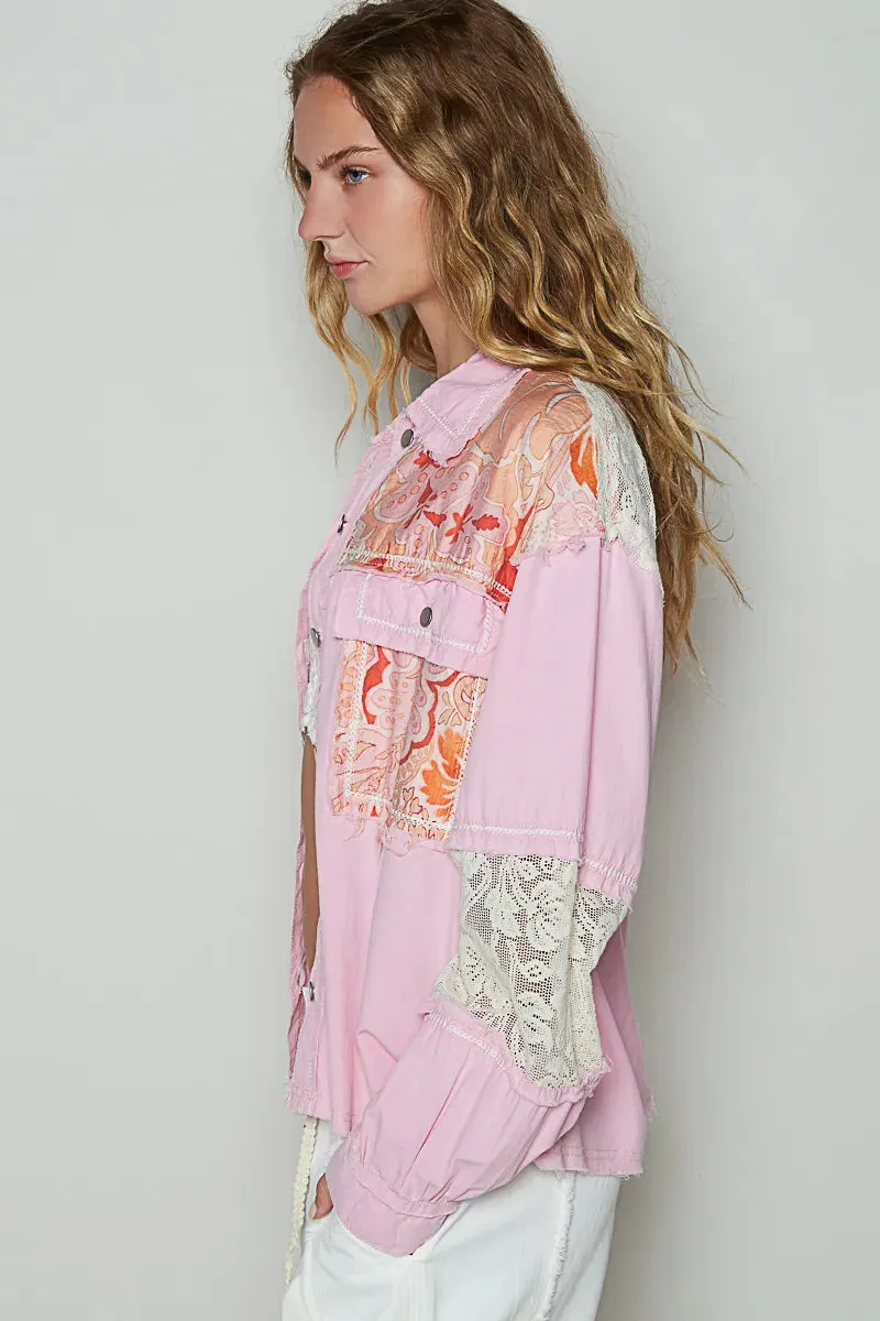 POL Printed Woven Mix Raw Hem Jacket with Lace Detail sold by Charming Charlie product image thumbnail 2