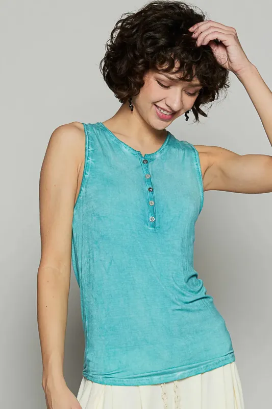 POL Half Button Round Neck Washed Tank sold by Charming Charlie