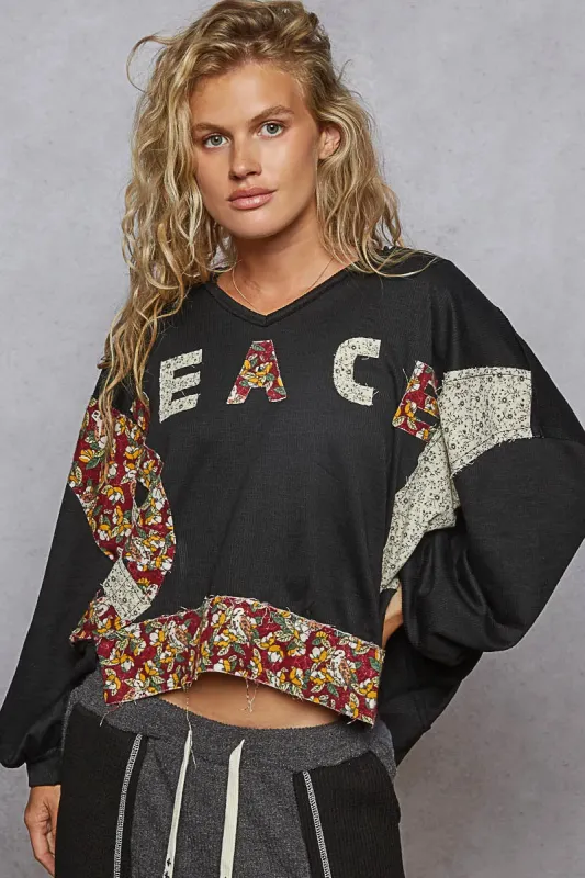 POL Peace Patch Floral Long Sleeve Hoodie sold by Charming Charlie