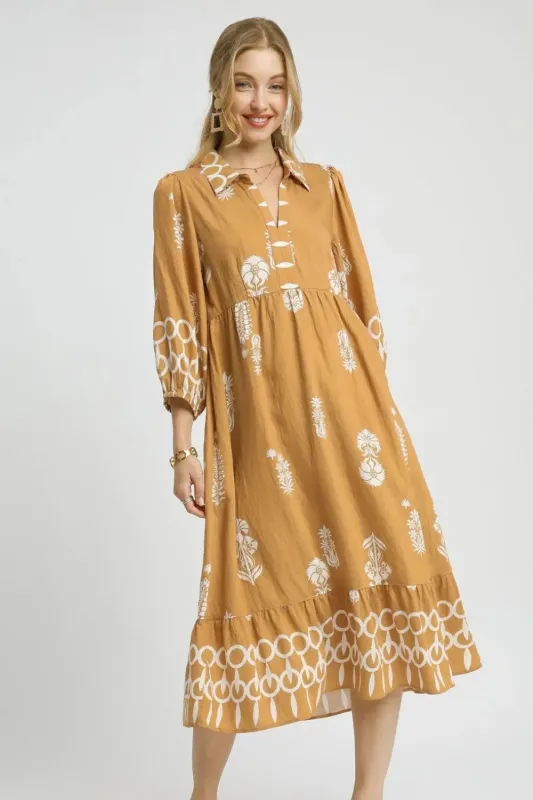 Umgee Ruffled Hem Printed Johnny Collar Midi Dress sold by Charming Charlie