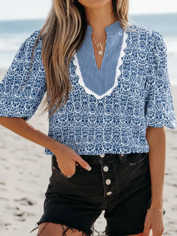 Printed Contrast Ric-Rac Puff Sleeve Top sold by Charming Charlie