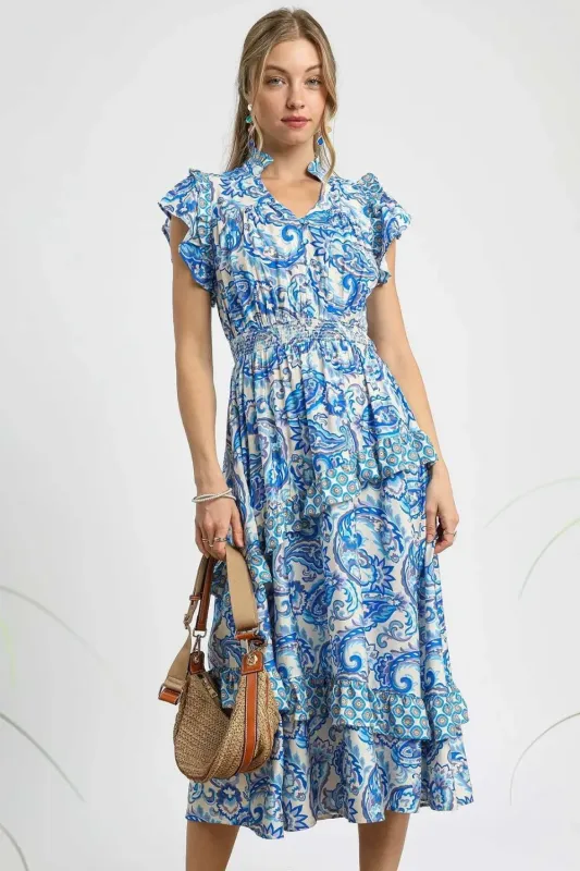 Umgee Paisley Print Ruffle Sleeve Midi Dress sold by Charming Charlie