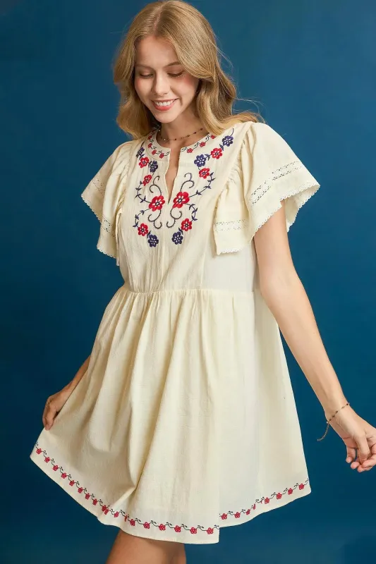 Umgee Embroidered Floral Flutter Sleeve Mini Dress sold by Charming Charlie