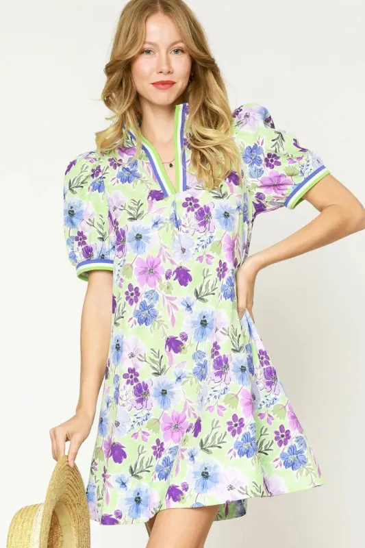Umgee Floral Print Short Puff Sleeve Mini Dress sold by Charming Charlie