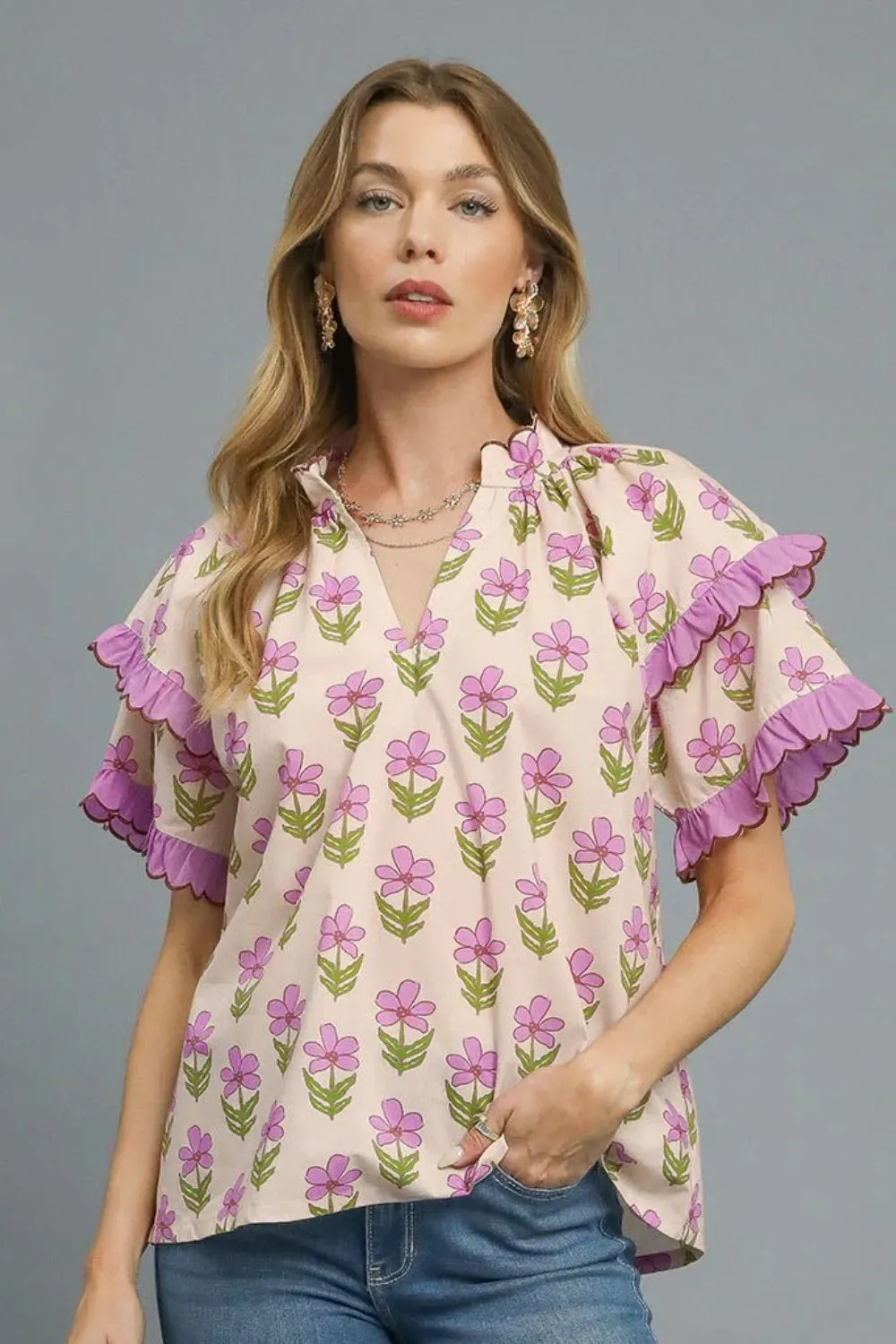 Umgee Floral Print Ruffle Short Sleeve Blouse sold by Charming Charlie product image thumbnail 2