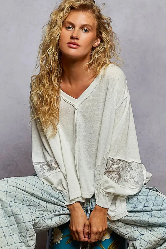 POL V-Neck Long Sleeve T-Shirt with Lace Detail sold by Charming Charlie