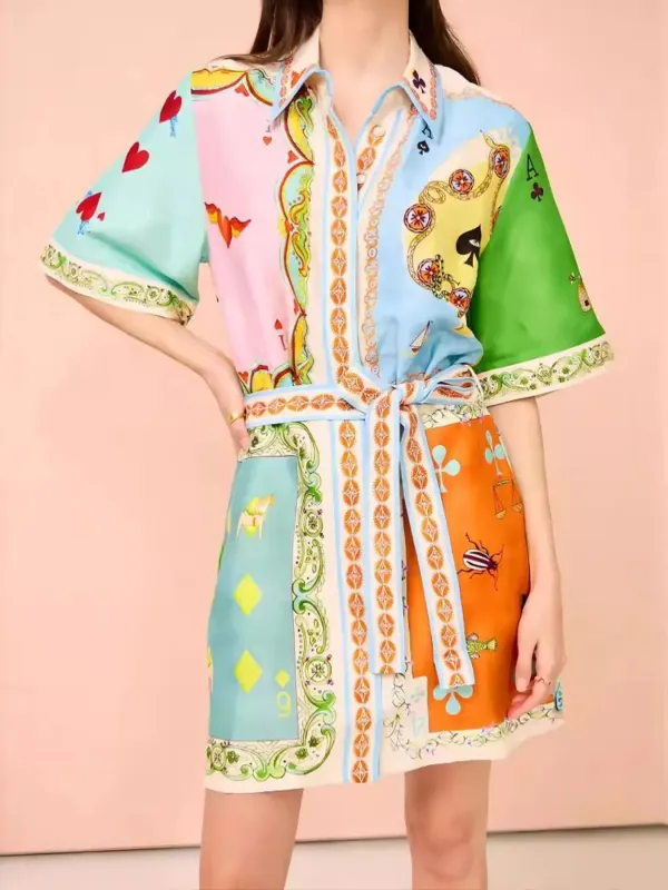 Printed Tie Waist Mini Shirt Dress sold by Charming Charlie