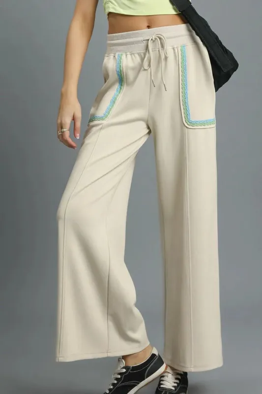 Umgee Drawstring Wide Leg Pants with Scallop Trim Detail sold by Charming Charlie