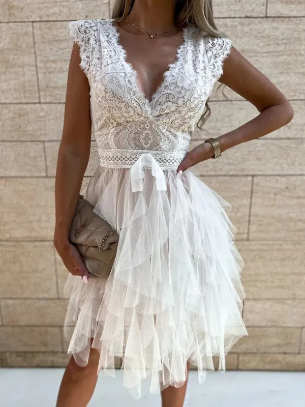 Lace V-Neck Ruffle Dress sold by Charming Charlie