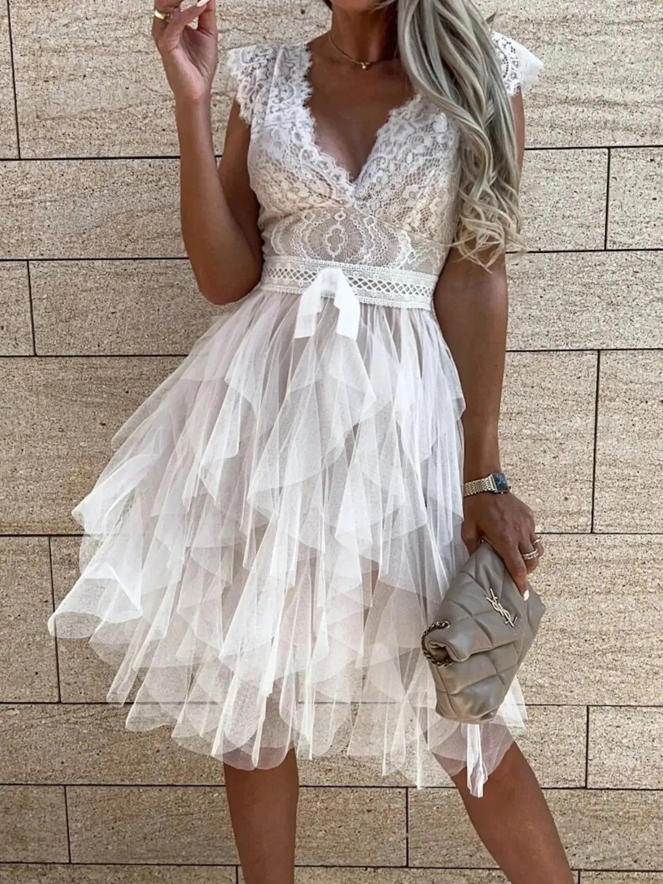 Lace V-Neck Ruffle Dress sold by Charming Charlie product image thumbnail 4