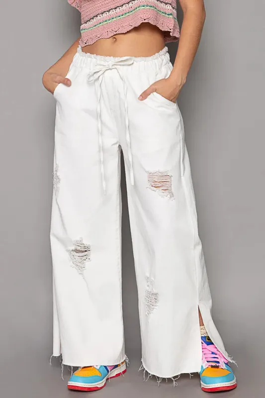 POL Distressed Drawstring Slit Wide leg Pants sold by Charming Charlie