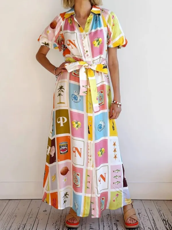 Colorful Print Tie Waist Maxi Shirt Dress sold by Charming Charlie