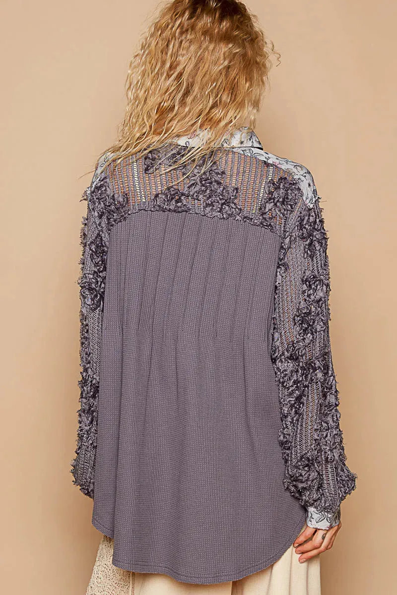 POL Floral Half Button Lace Detail Long Sleeve Top sold by Charming Charlie product image thumbnail 3