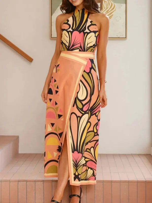 Printed Halter Neck Crop Top and Skirt Set sold by Charming Charlie