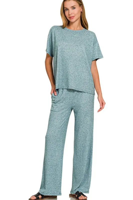 Zenana Soft Melange Short Sleeve Tee & Long Pants Set sold by Charming Charlie