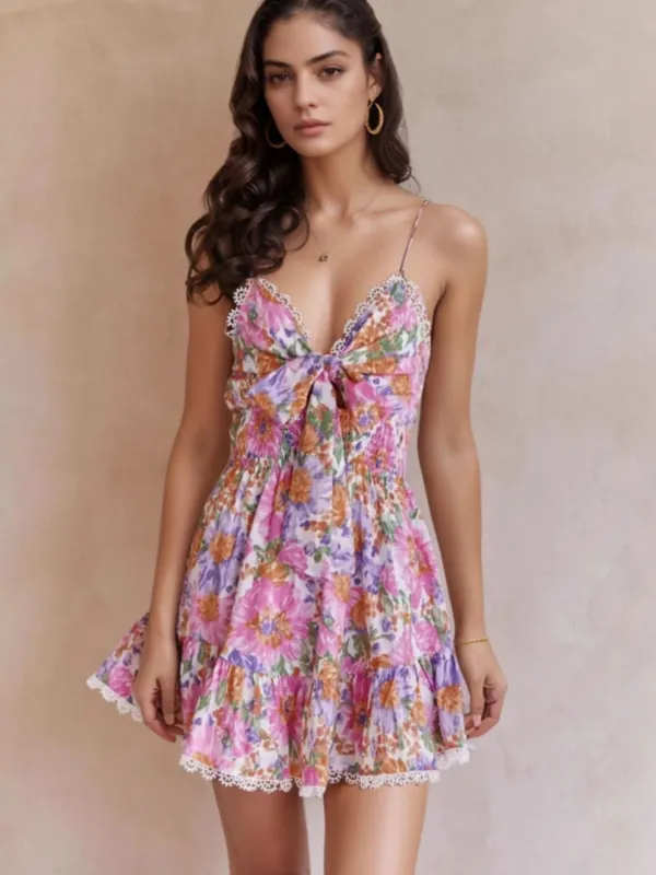 Floral Print Tie-Front Cami Dress with Lace Trim sold by Charming Charlie