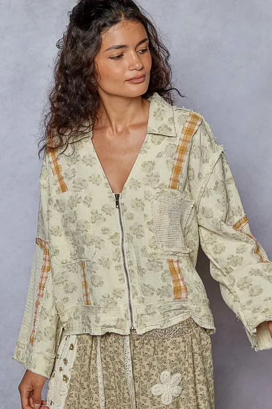 POL Raw Hem Zip Up Floral Jacket with Plaid and Crochet Patch sold by Charming Charlie