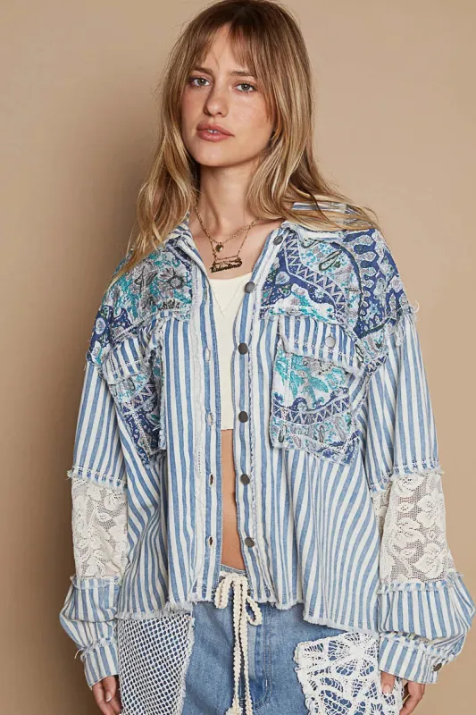 POL Printed Woven Mix Raw Hem Jacket with Lace Detail sold by Charming Charlie