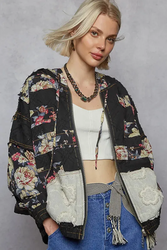 POL Zip Up Floral and Lace Patch Washed Jacket sold by Charming Charlie