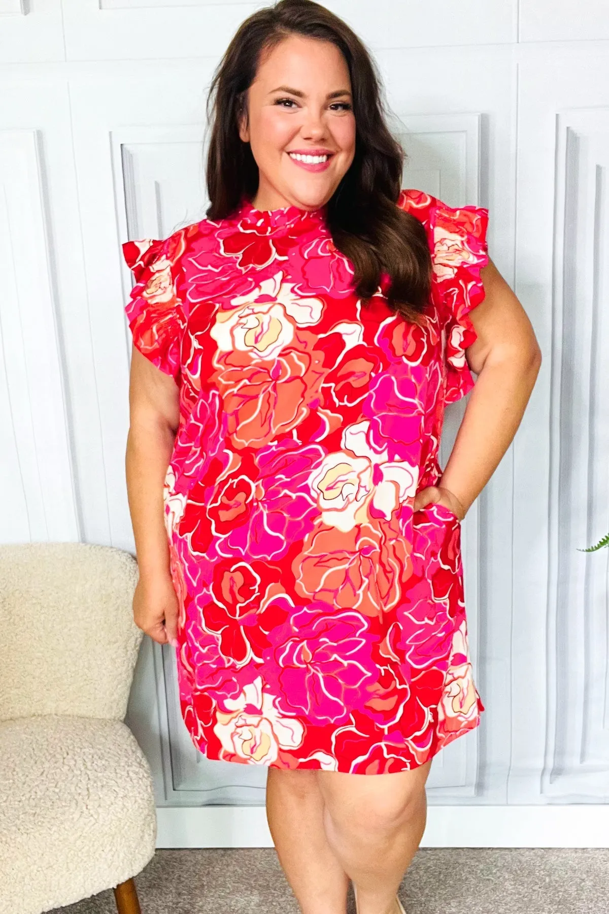 True Love Pink & Red Floral Smocked Ruffle Sleeve Dress sold by Charming Charlie product image thumbnail 4