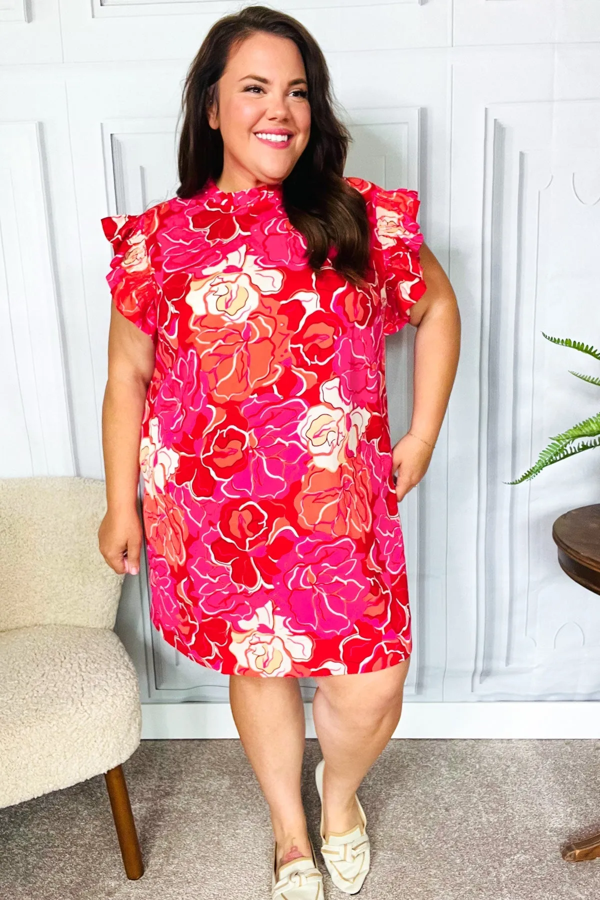 True Love Pink & Red Floral Smocked Ruffle Sleeve Dress sold by Charming Charlie product image thumbnail 2