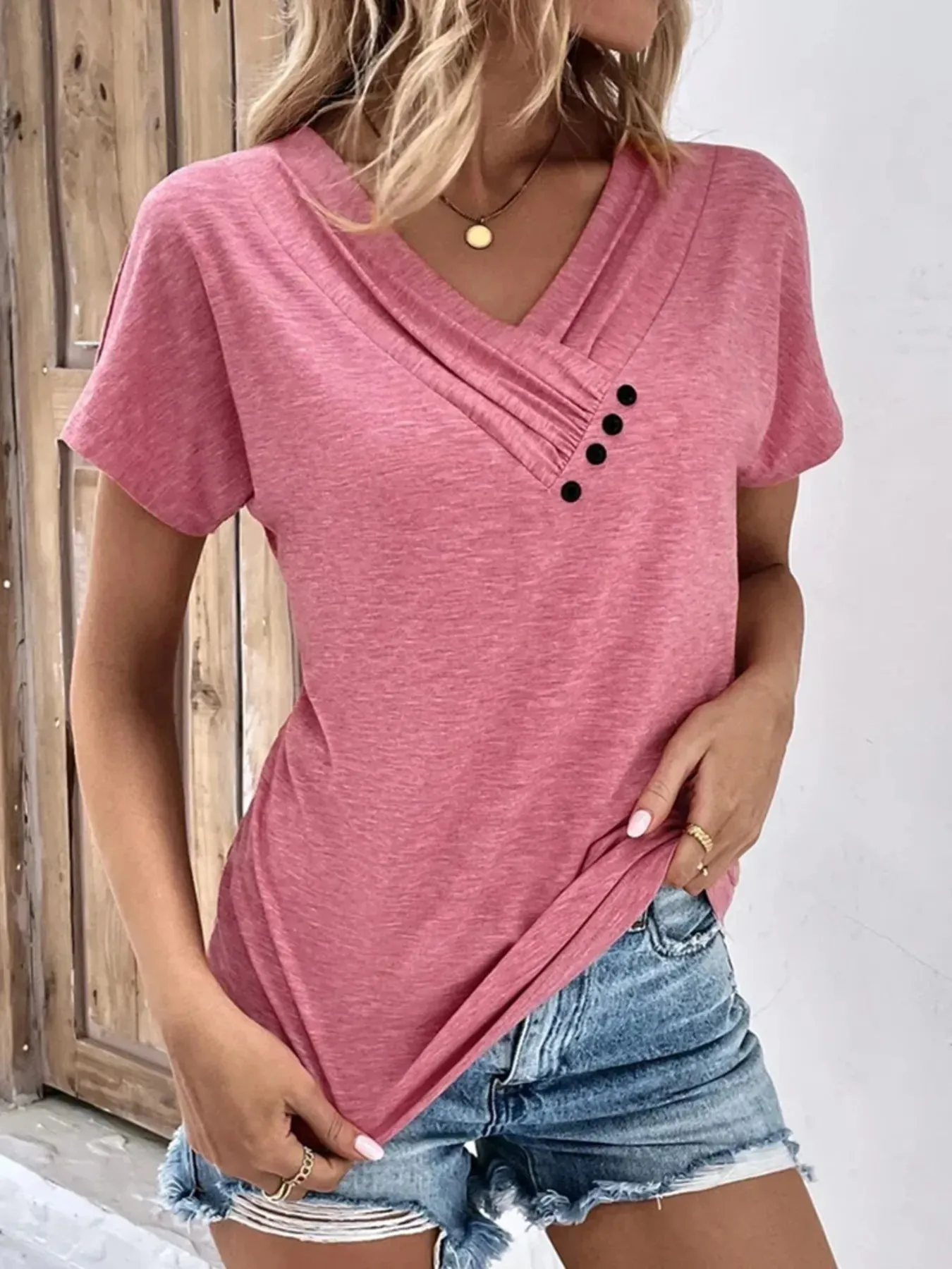 Decor Button Short Sleeve T-Shirt sold by Charming Charlie