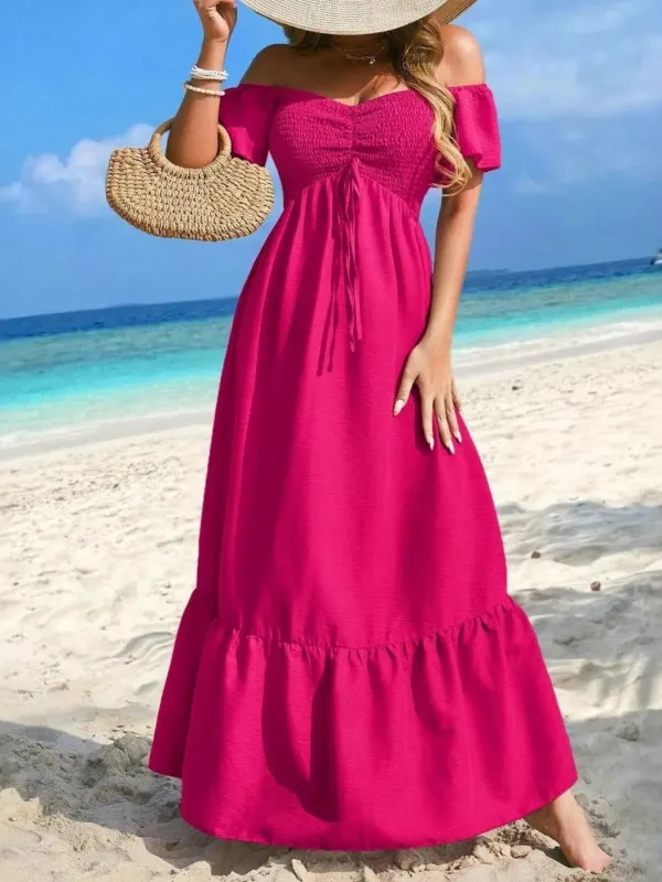 Off-Shoulder Smocked Maxi Dress with Ruffle Hem sold by Charming Charlie
