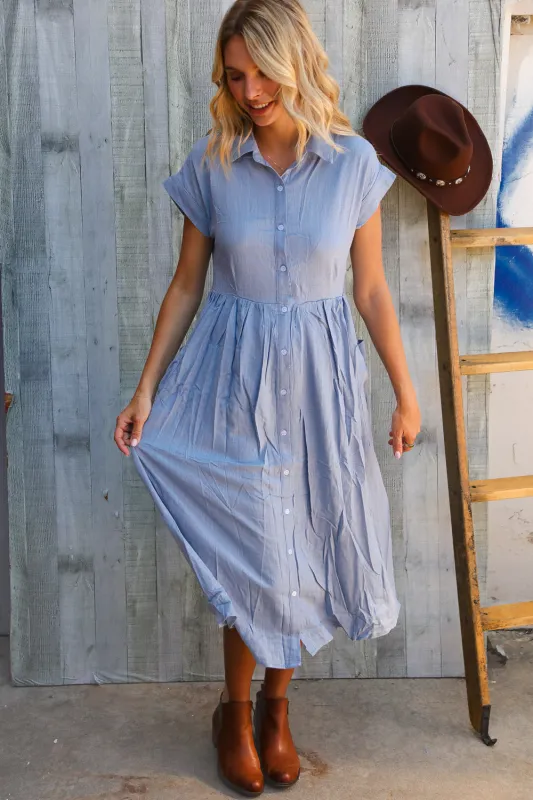 Everyday Chic Denim Blue Button-Down Collared Swing Dress sold by Charming Charlie