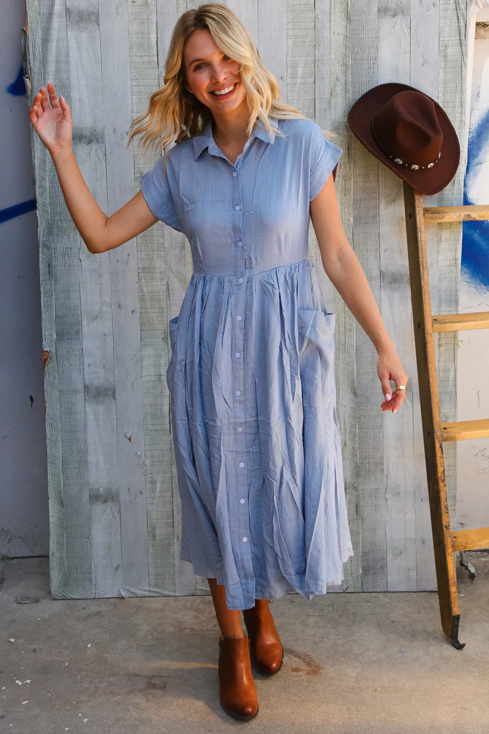 Everyday Chic Denim Blue Button-Down Collared Swing Dress sold by Charming Charlie product image thumbnail 3