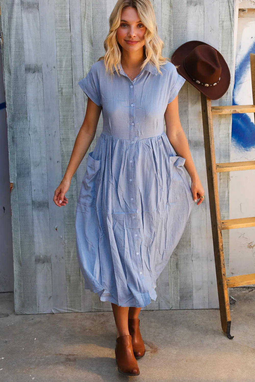 Everyday Chic Denim Blue Button-Down Collared Swing Dress sold by Charming Charlie product image thumbnail 4