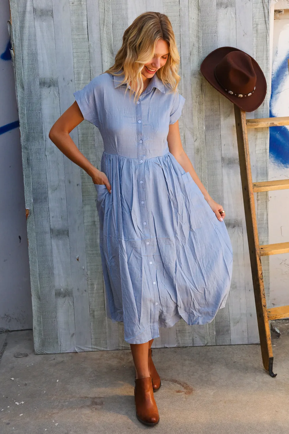 Everyday Chic Denim Blue Button-Down Collared Swing Dress sold by Charming Charlie product image thumbnail 2