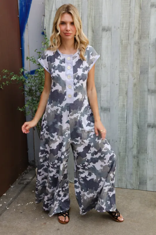 Spread Joy Loose Fit Camouflage French Terry Jumpsuit with Side Pockets sold by Charming Charlie