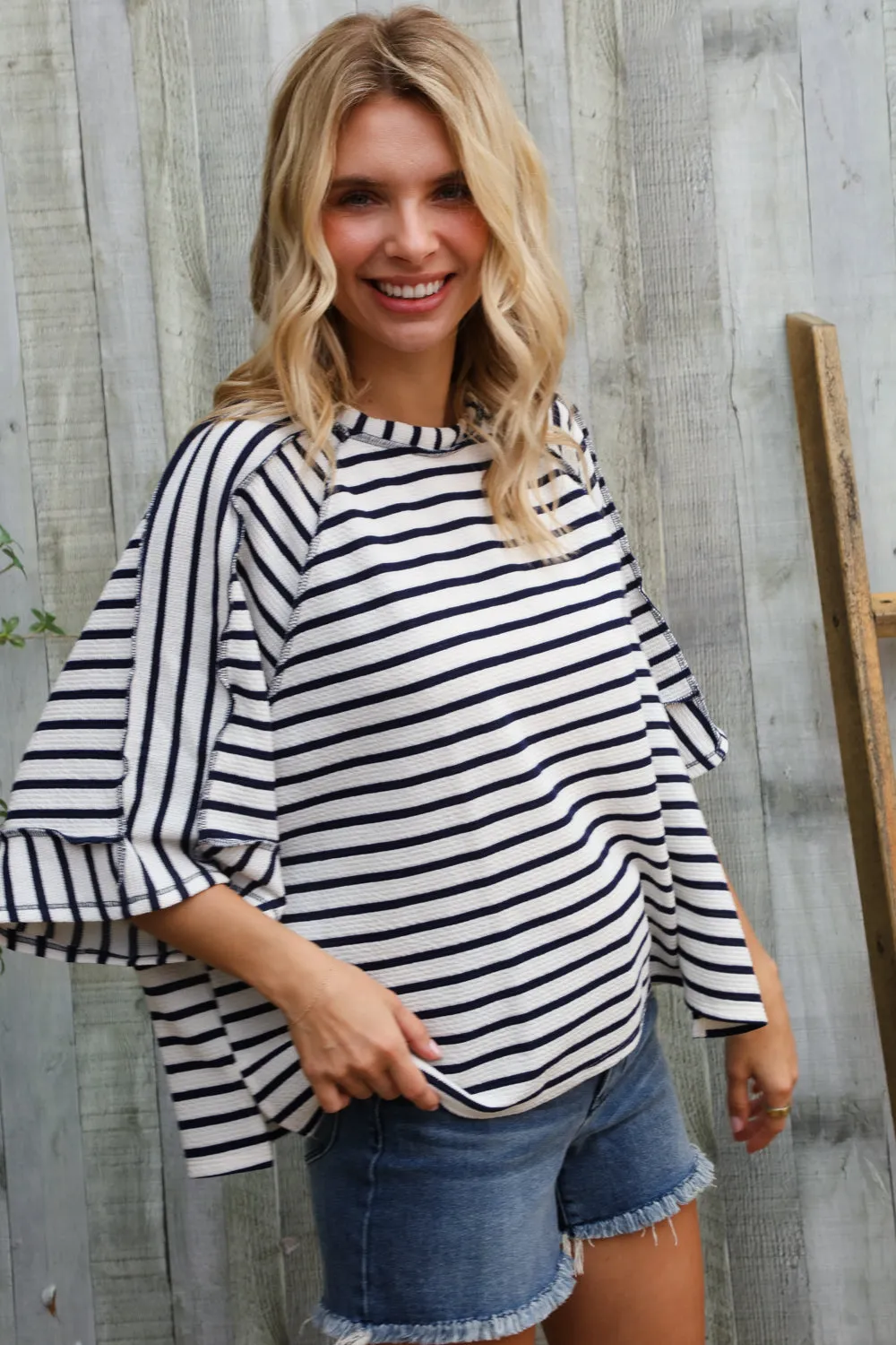 Casual Chic Cotton Navy & Cream Stripe Raglan 3/4 Sleeve Pullover sold by Charming Charlie product image thumbnail 4