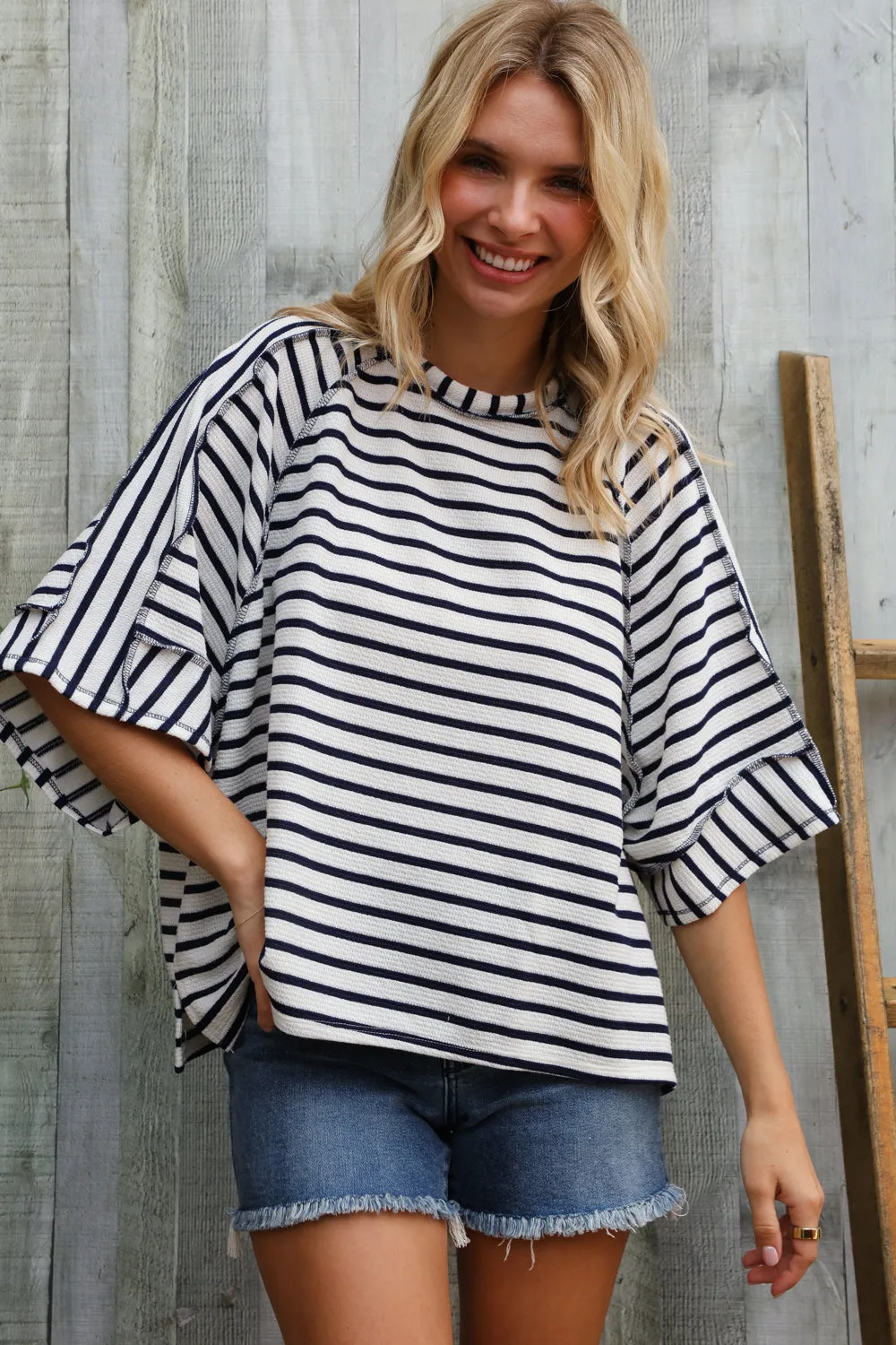 Casual Chic Cotton Navy & Cream Stripe Raglan 3/4 Sleeve Pullover sold by Charming Charlie
